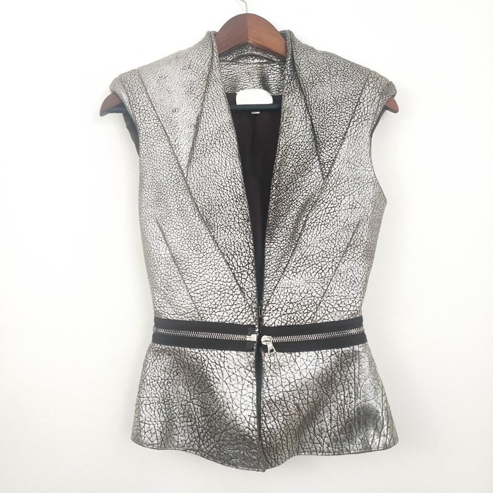 Alexis Metallic Silver Convertible Peplum Leather Vest XS
